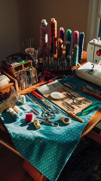 haft w pracowni, tkaniny i nici